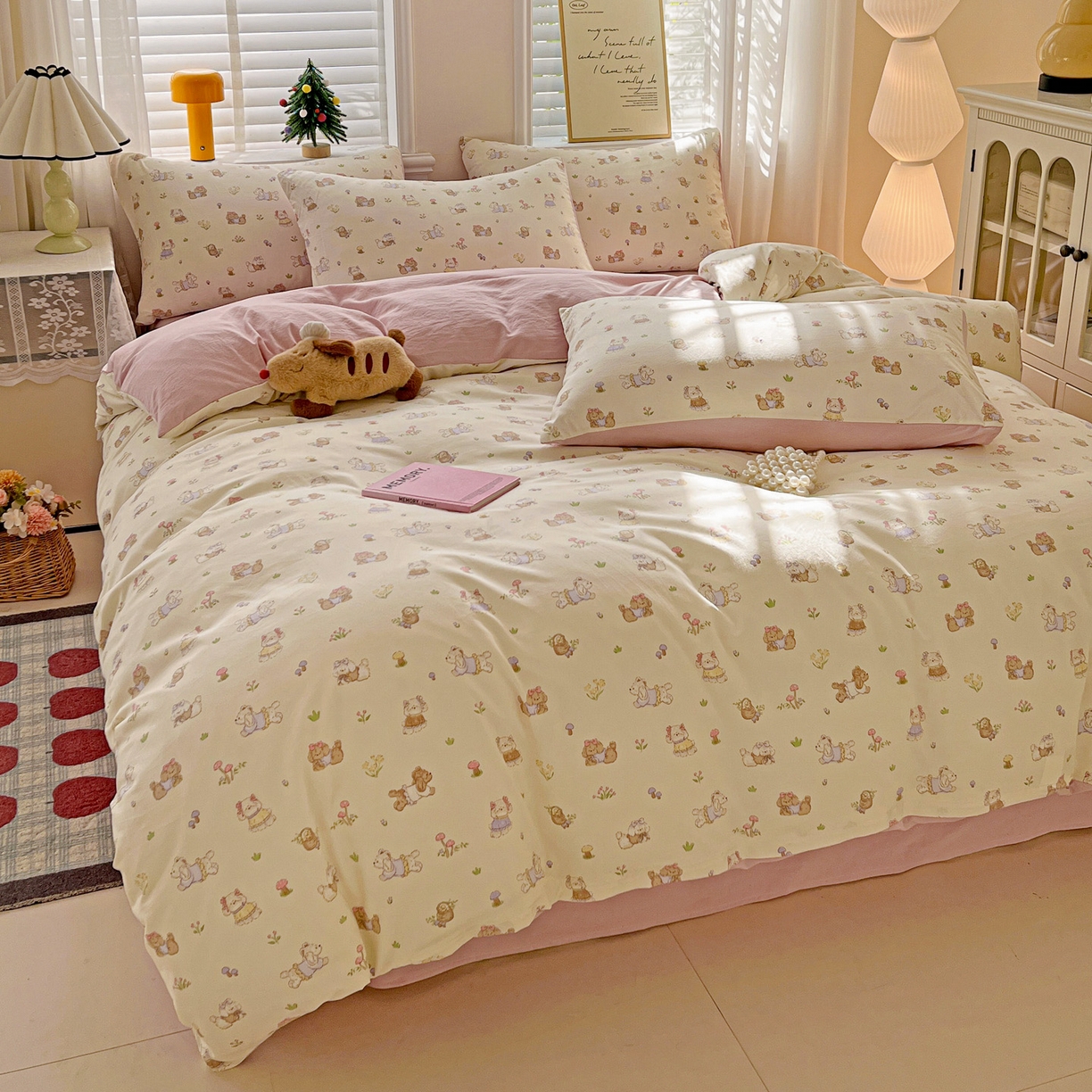 91家纺网 家纺一手货源 找家纺 温眠家纺 2026新款A类古法水洗仿棉云感棉加厚四件套 花园小狗