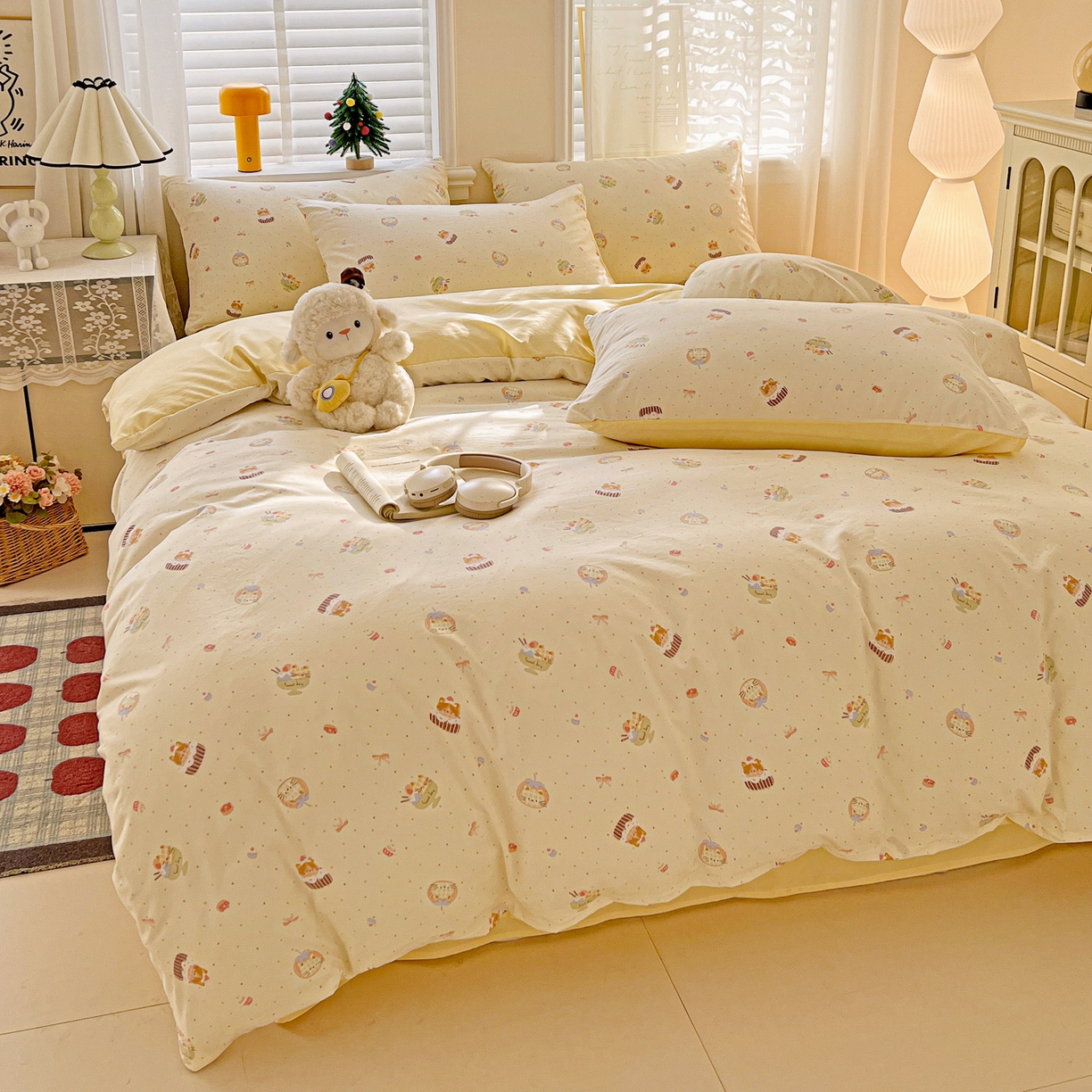 91家纺网 家纺一手货源 找家纺 温眠家纺 2026新款A类古法水洗仿棉云感棉加厚四件套 蛋糕猫咪