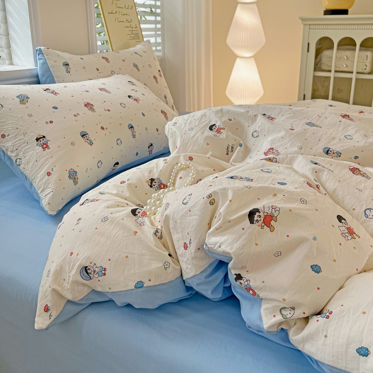 91家纺网 家纺一手货源 找家纺 温眠家纺 2026新款A类古法水洗仿棉云感棉加厚四件套 童趣甜日