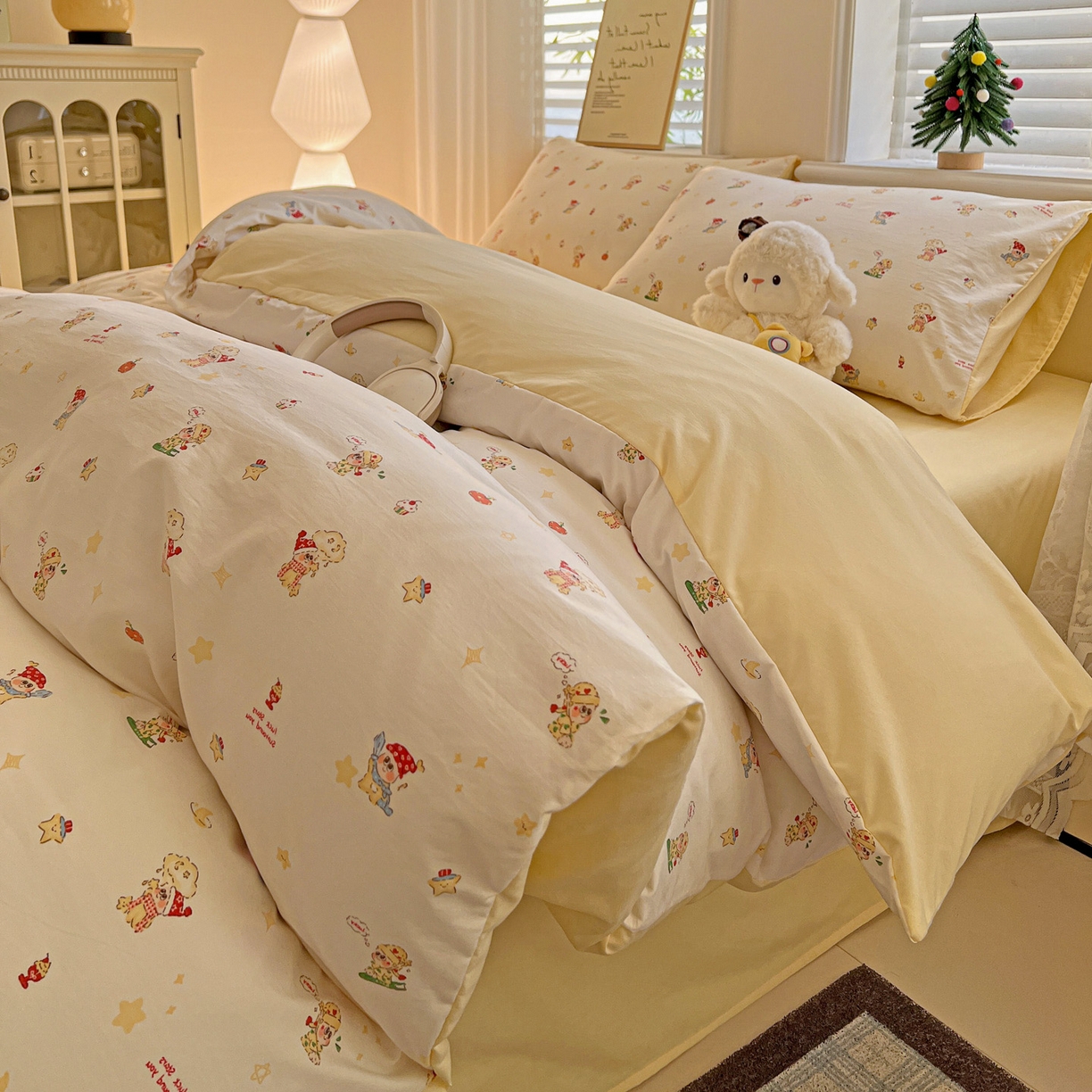 91家纺网 家纺一手货源 找家纺 温眠家纺 2026新款A类古法水洗仿棉云感棉加厚四件套 星星人