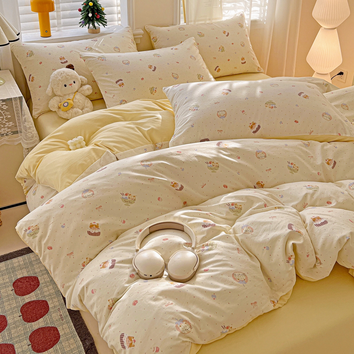 91家纺网 家纺一手货源 找家纺 温眠家纺 2026新款A类古法水洗仿棉云感棉加厚四件套 蛋糕猫咪