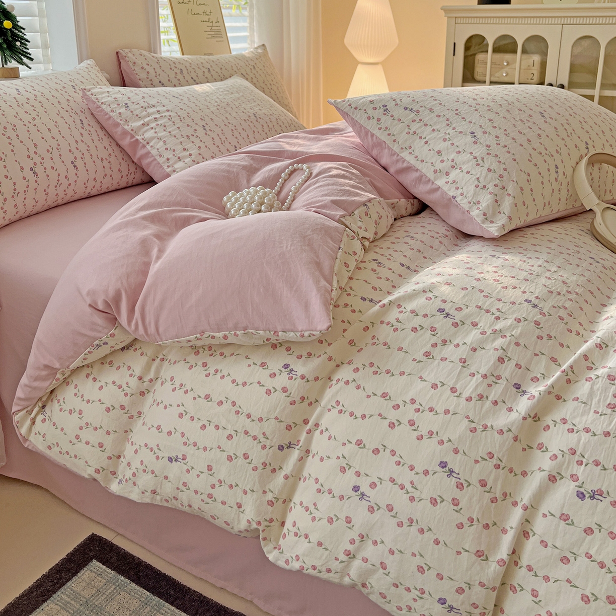 91家纺网 家纺一手货源 找家纺 温眠家纺 2026新款A类古法水洗仿棉云感棉加厚四件套 花梦蔓