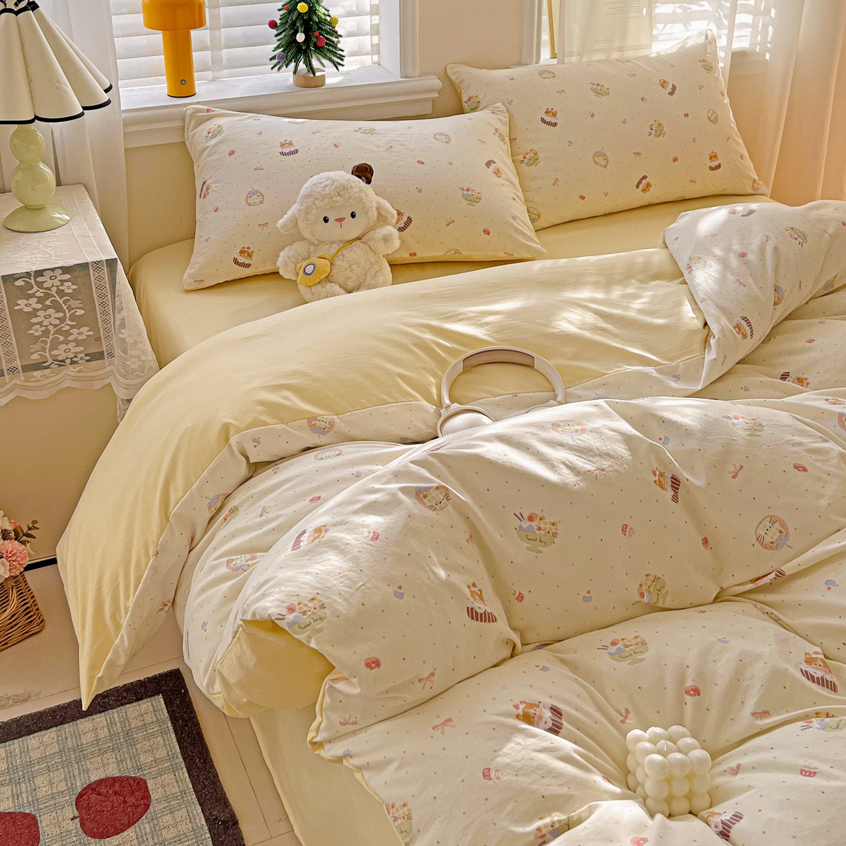 91家纺网 家纺一手货源 找家纺 温眠家纺 2026新款A类古法水洗仿棉云感棉加厚四件套 蛋糕猫咪