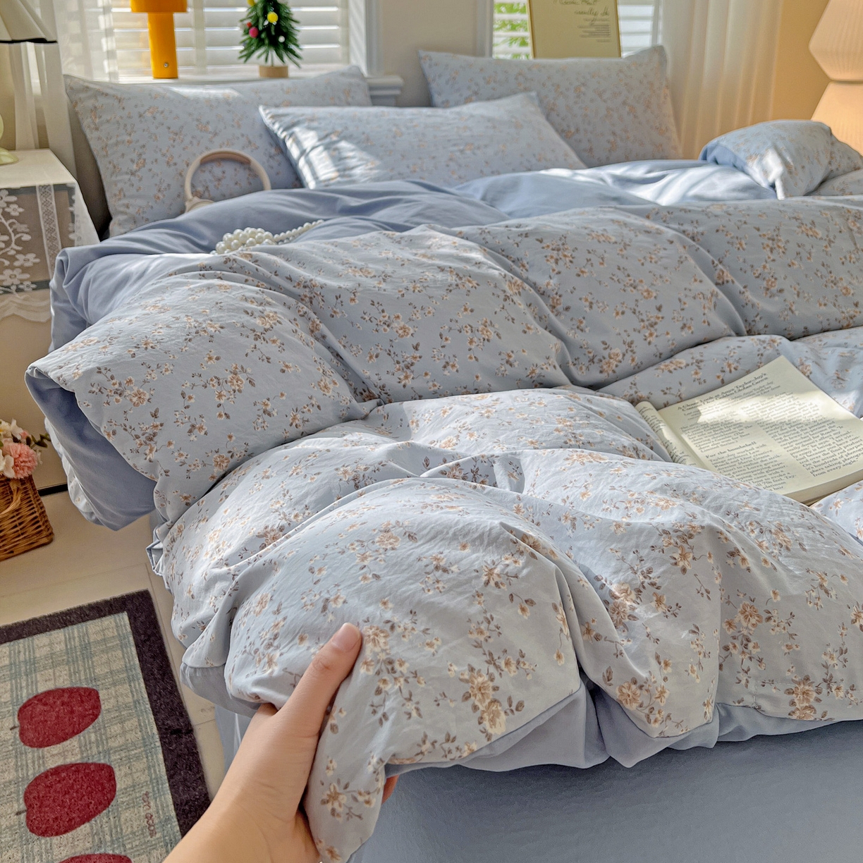 91家纺网 家纺一手货源 找家纺 温眠家纺 2026新款A类古法水洗仿棉云感棉加厚四件套 海棠碎影