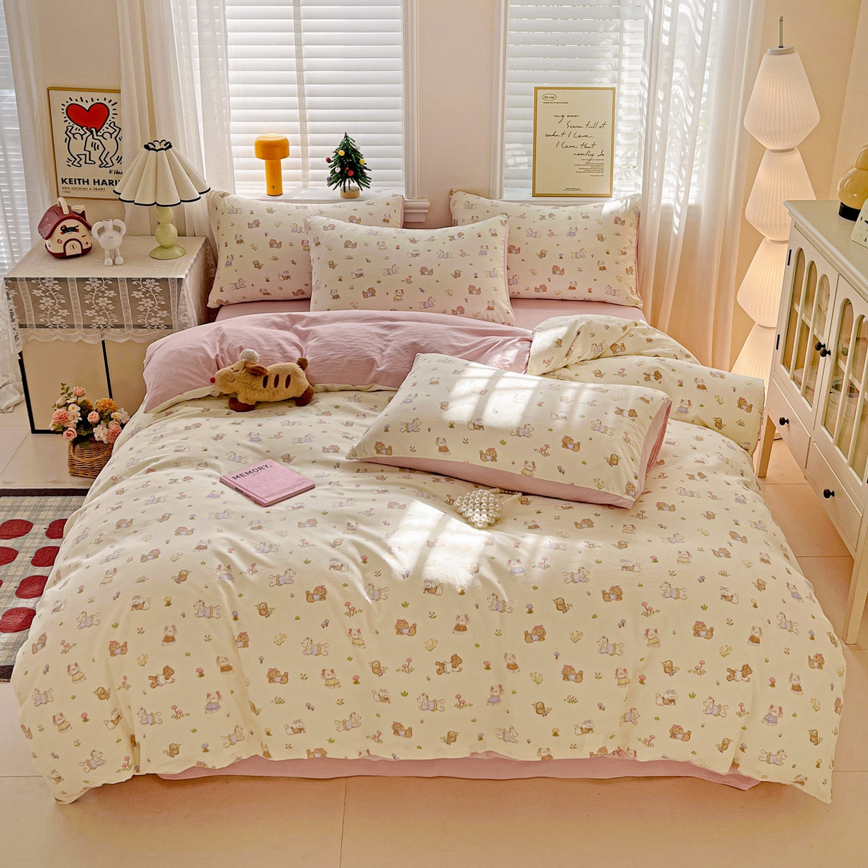 91家纺网 家纺一手货源 找家纺 温眠家纺 2026新款A类古法水洗仿棉云感棉加厚四件套 花园小狗