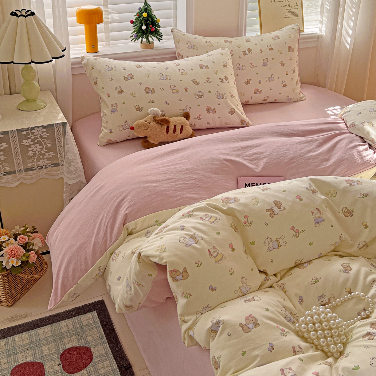 91家纺网 家纺一手货源 找家纺 温眠家纺 2026新款A类古法水洗仿棉云感棉加厚四件套 花园小狗