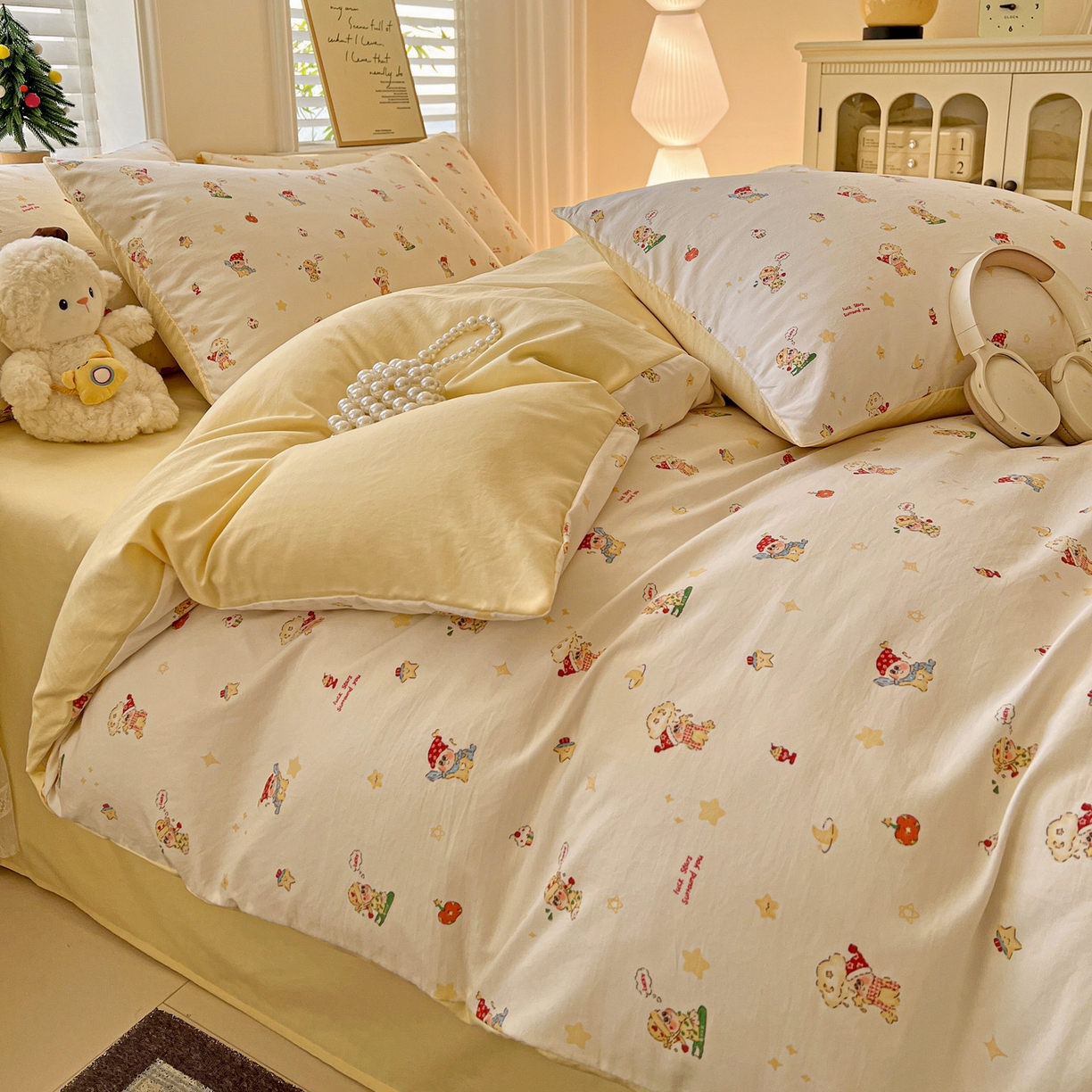 91家纺网 家纺一手货源 找家纺 温眠家纺 2026新款A类古法水洗仿棉云感棉加厚四件套 星星人