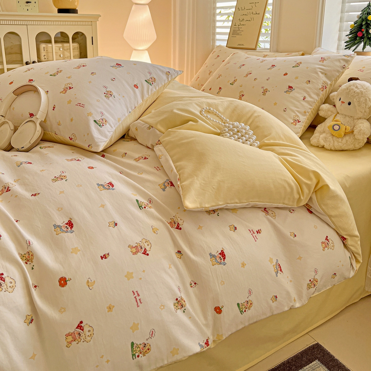 91家纺网 家纺一手货源 找家纺 温眠家纺 2026新款A类古法水洗仿棉云感棉加厚四件套 星星人