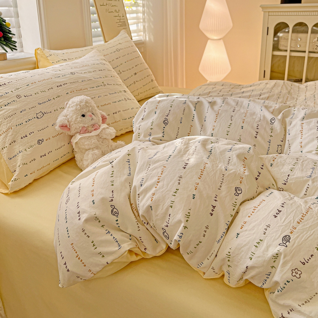 91家纺网 家纺一手货源 找家纺 温眠家纺 2026新款A类古法水洗仿棉云感棉加厚四件套 猫猫与鱼