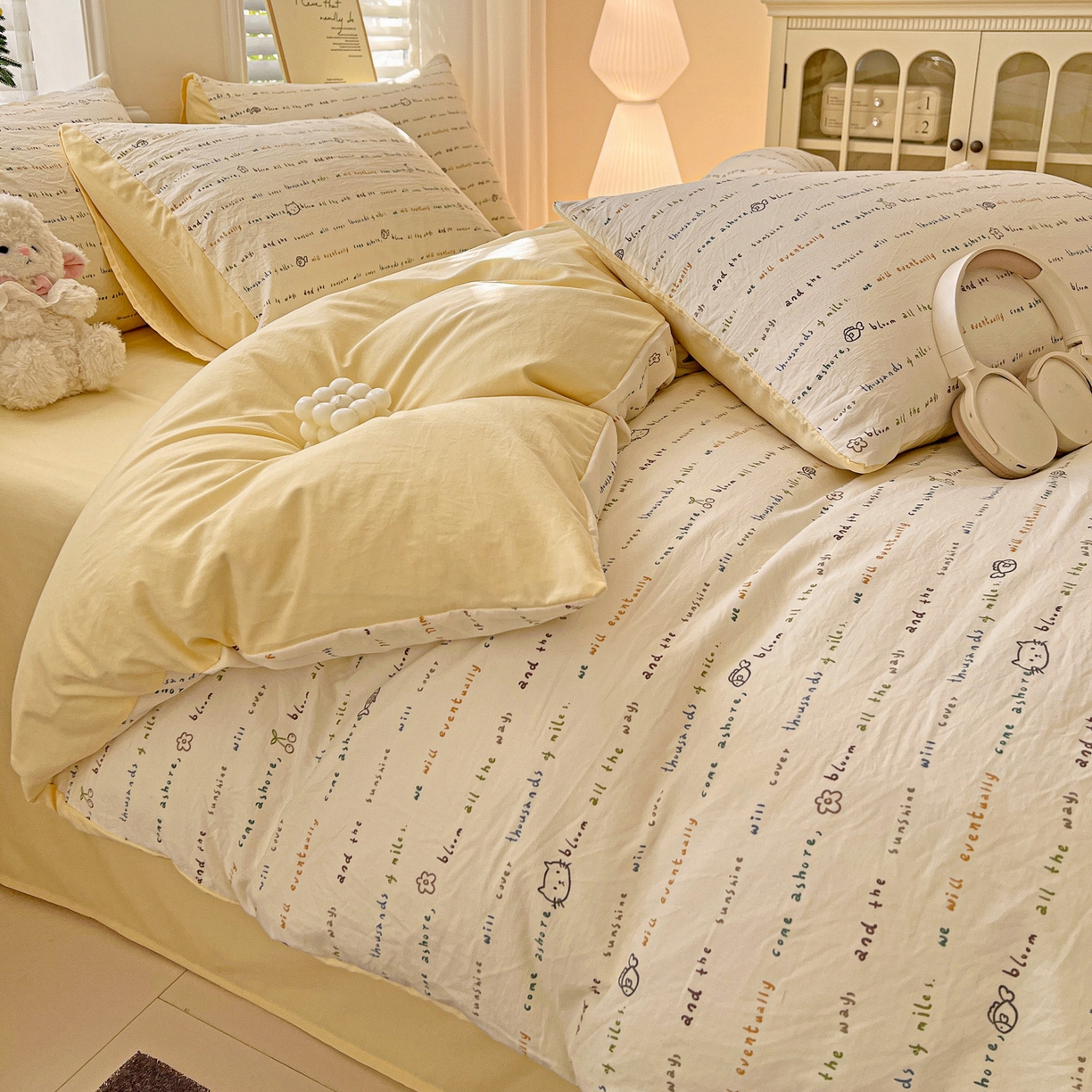 91家纺网 家纺一手货源 找家纺 温眠家纺 2026新款A类古法水洗仿棉云感棉加厚四件套 猫猫与鱼