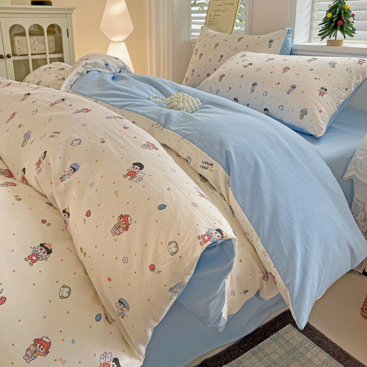 91家纺网 家纺一手货源 找家纺 温眠家纺 2026新款A类古法水洗仿棉云感棉加厚四件套 童趣甜日