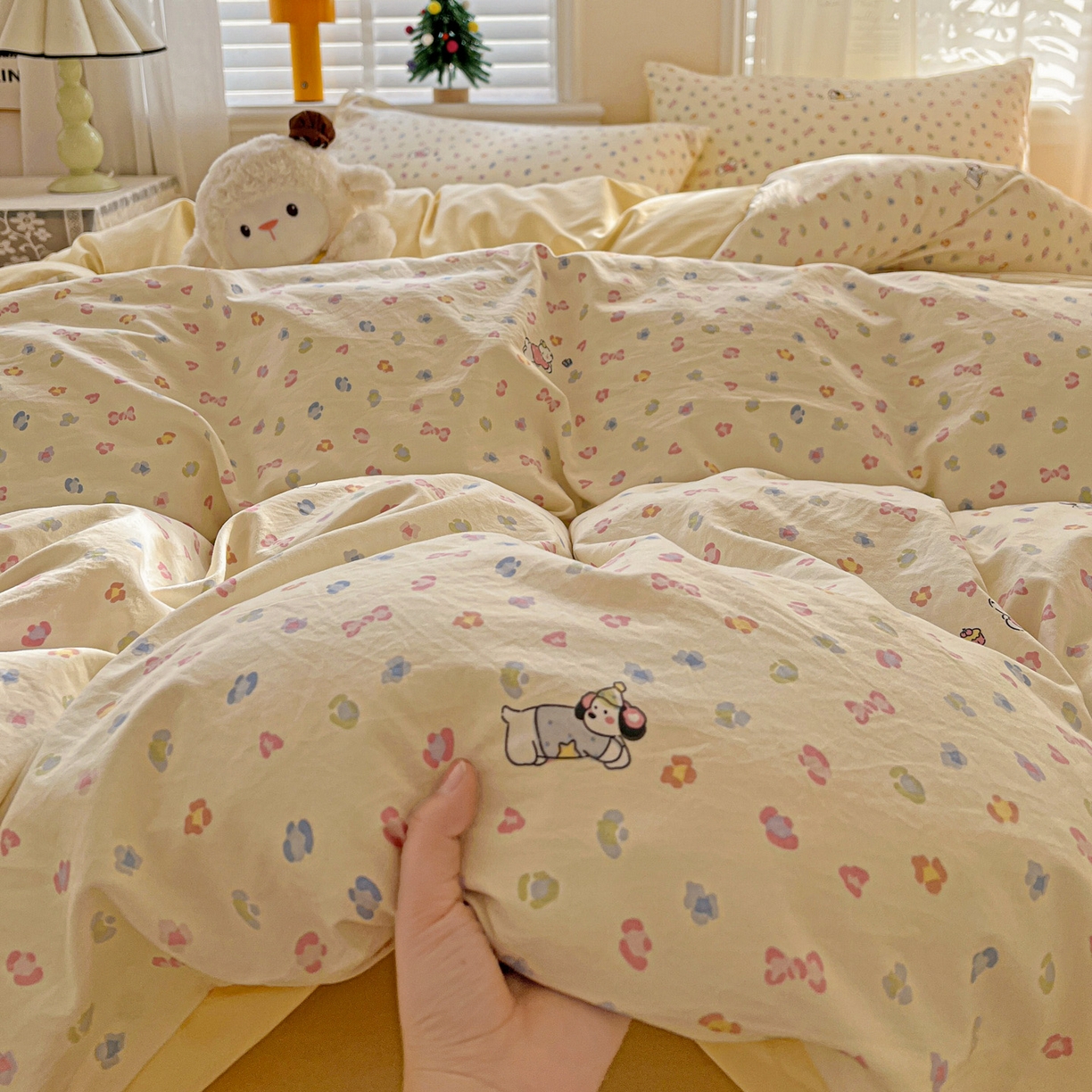 91家纺网 家纺一手货源 找家纺 温眠家纺 2026新款A类古法水洗仿棉云感棉加厚四件套 软芙小狗