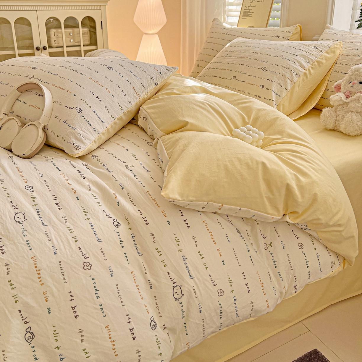 91家纺网 家纺一手货源 找家纺 温眠家纺 2026新款A类古法水洗仿棉云感棉加厚四件套 猫猫与鱼