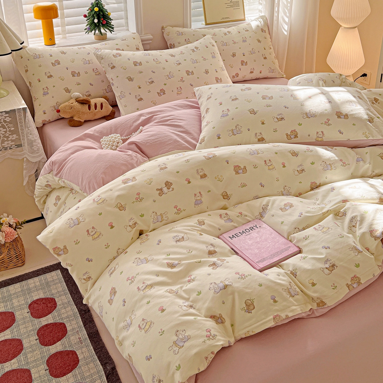 91家纺网 家纺一手货源 找家纺 温眠家纺 2026新款A类古法水洗仿棉云感棉加厚四件套 花园小狗