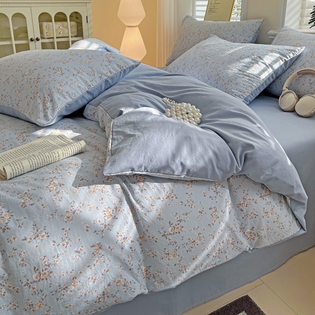 91家纺网 家纺一手货源 找家纺 温眠家纺 2026新款A类古法水洗仿棉云感棉加厚四件套 海棠碎影