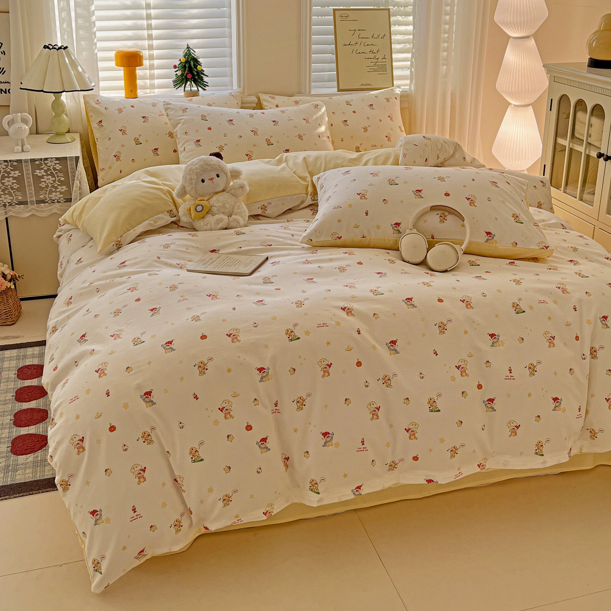 91家纺网 家纺一手货源 找家纺 温眠家纺 2026新款A类古法水洗仿棉云感棉加厚四件套 星星人