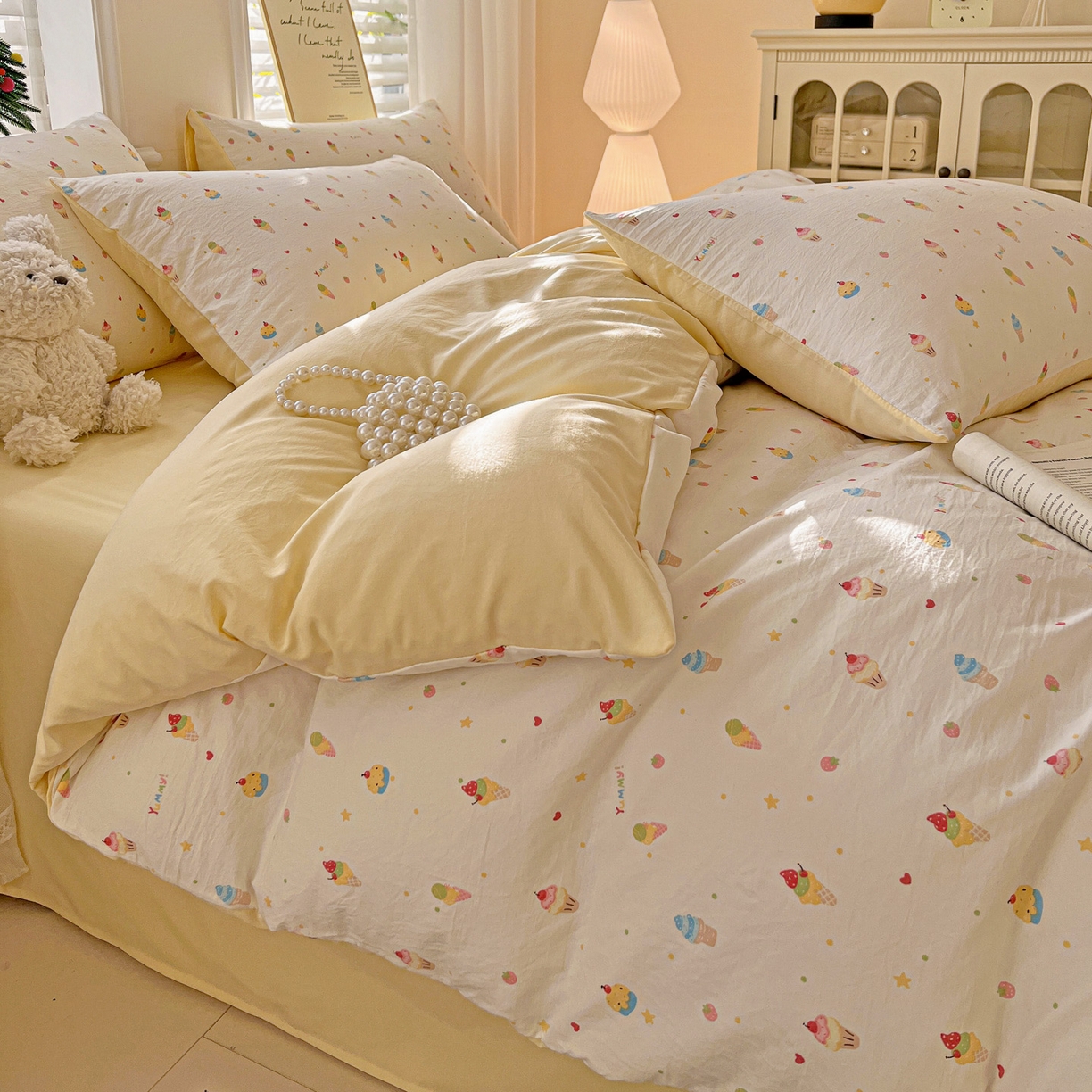 91家纺网 家纺一手货源 找家纺 温眠家纺 2026新款A类古法水洗仿棉云感棉加厚四件套 冰淇淋乐园