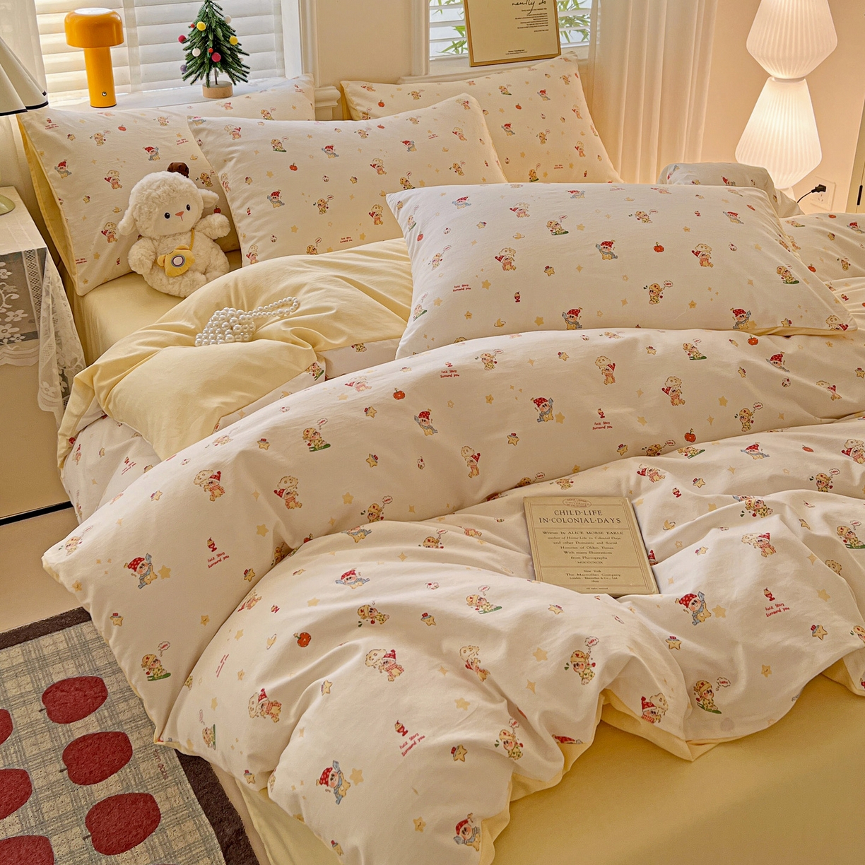 91家纺网 家纺一手货源 找家纺 温眠家纺 2026新款A类古法水洗仿棉云感棉加厚四件套 星星人