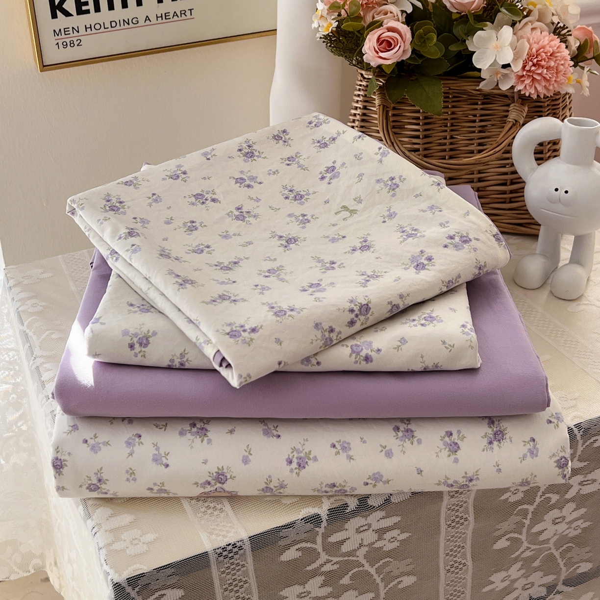 91家纺网 家纺一手货源 找家纺 温眠家纺 2026新款A类古法水洗仿棉云感棉加厚四件套 兔子小姐