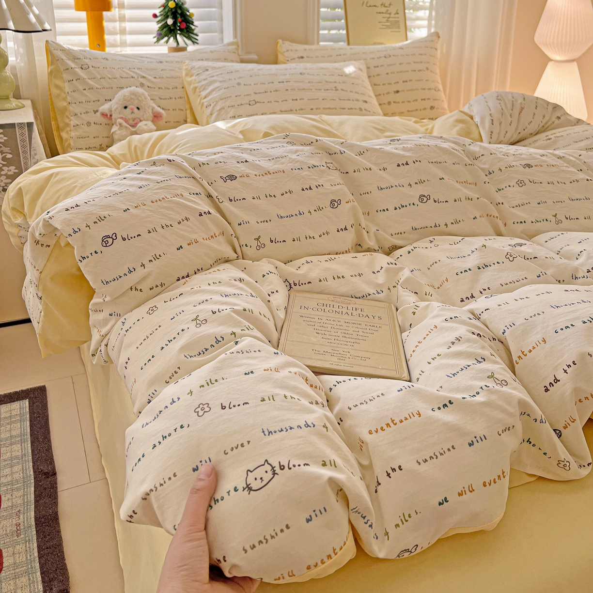 91家纺网 家纺一手货源 找家纺 温眠家纺 2026新款A类古法水洗仿棉云感棉加厚四件套 猫猫与鱼