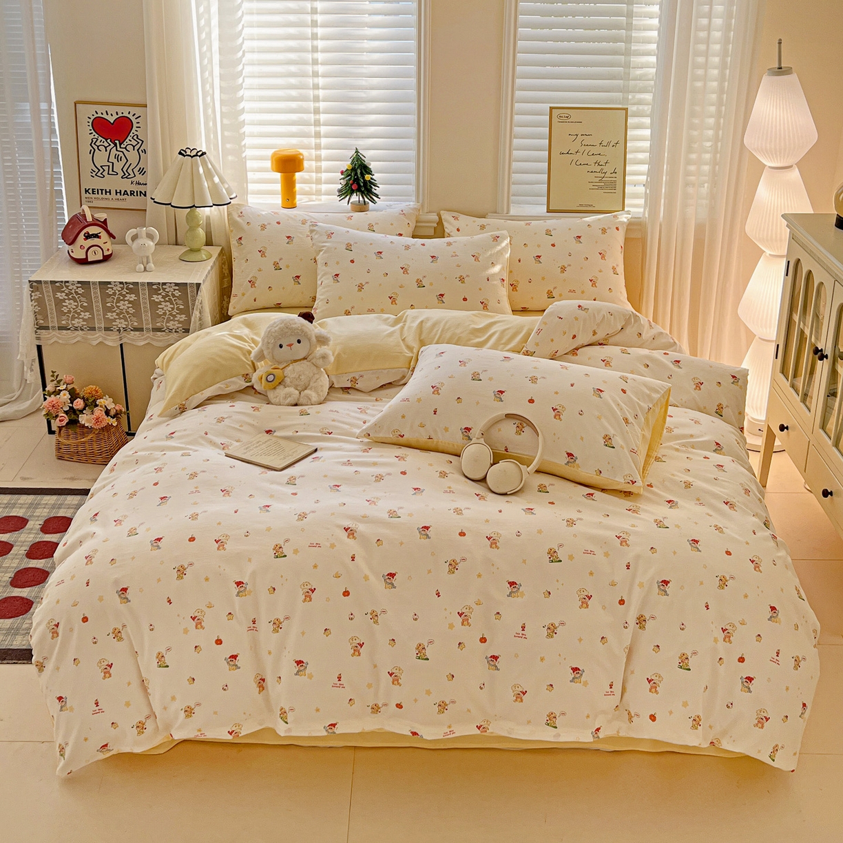 91家纺网 家纺一手货源 找家纺 温眠家纺 2026新款A类古法水洗仿棉云感棉加厚四件套 星星人