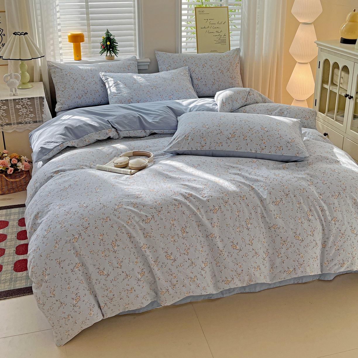 91家纺网 家纺一手货源 找家纺 温眠家纺 2026新款A类古法水洗仿棉云感棉加厚四件套 海棠碎影