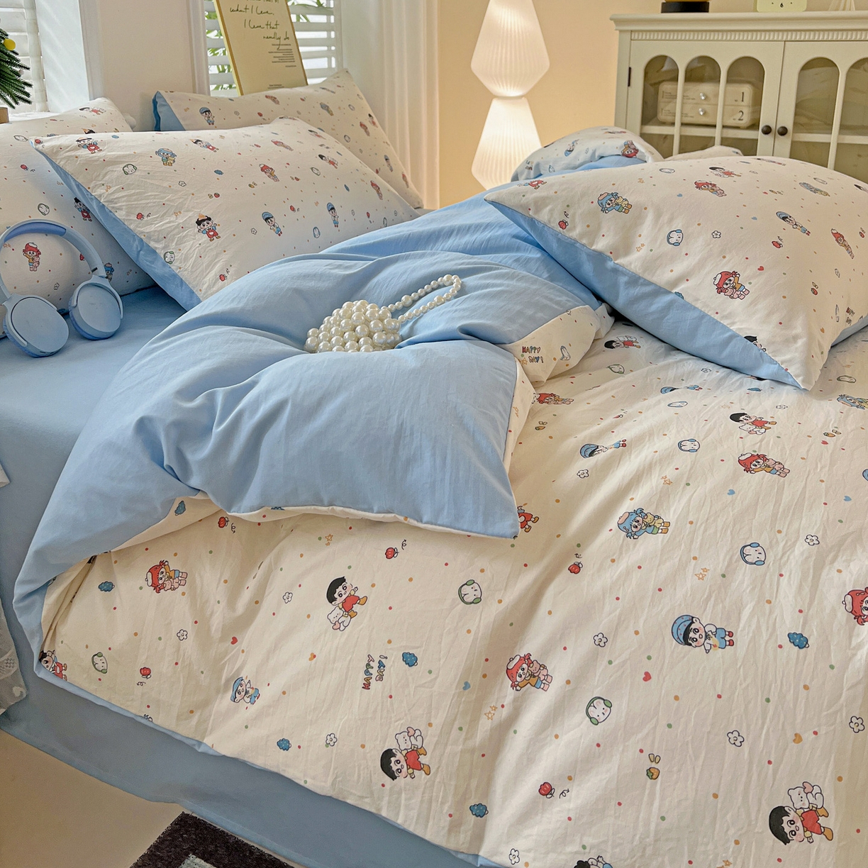 91家纺网 家纺一手货源 找家纺 温眠家纺 2026新款A类古法水洗仿棉云感棉加厚四件套 童趣甜日