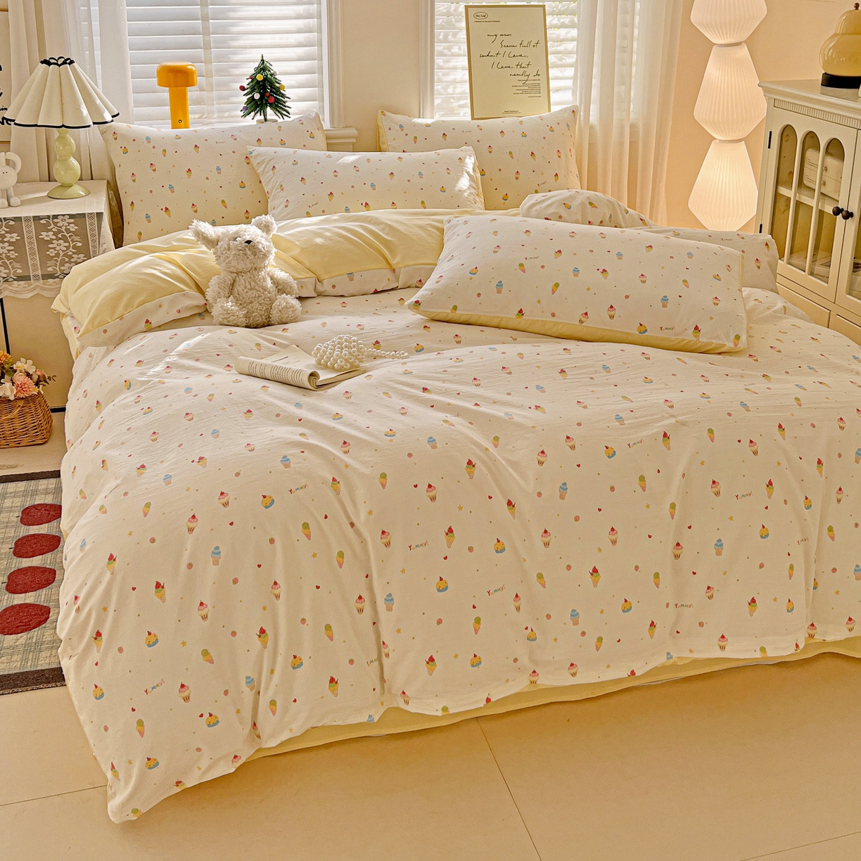 91家纺网 家纺一手货源 找家纺 温眠家纺 2026新款A类古法水洗仿棉云感棉加厚四件套 冰淇淋乐园