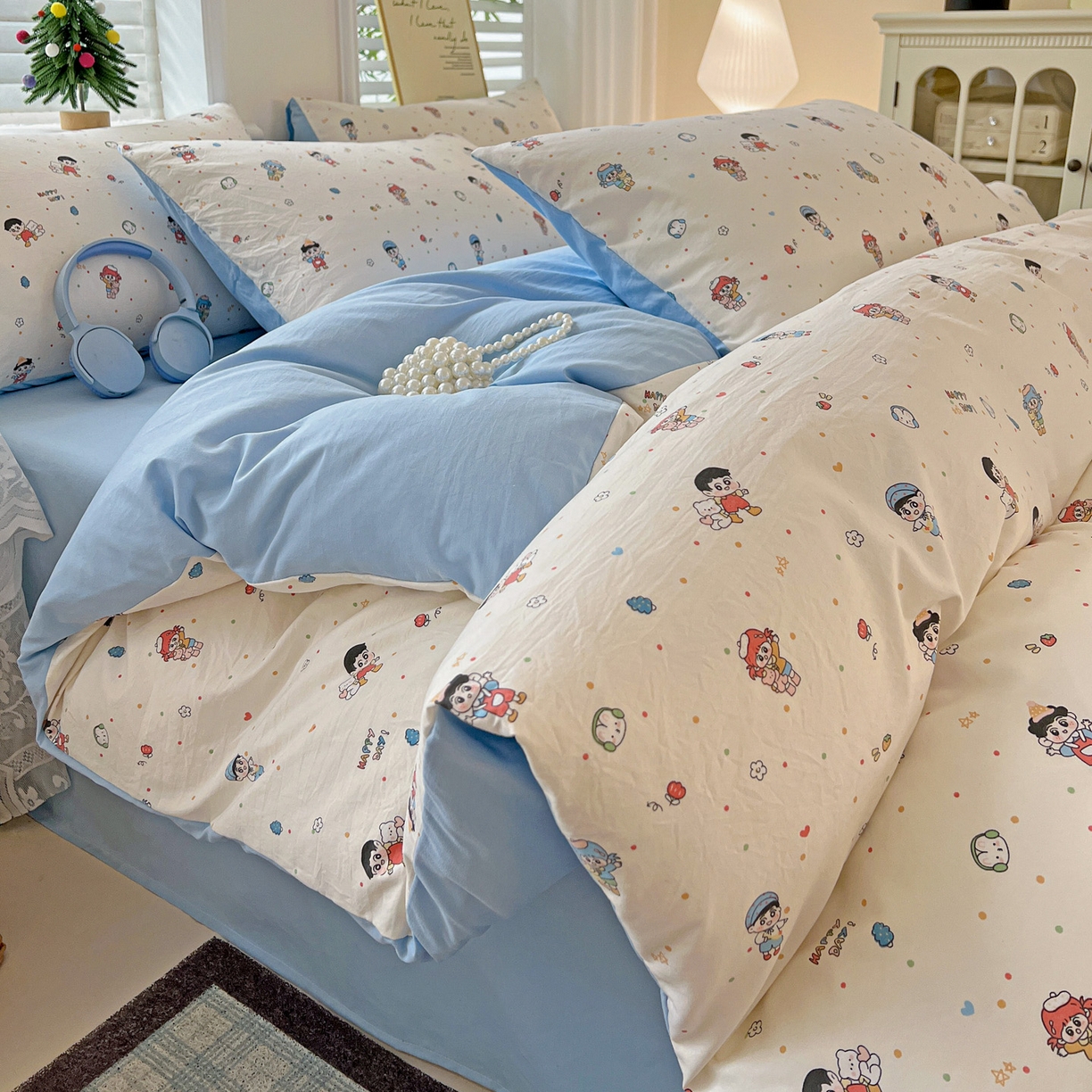 91家纺网 家纺一手货源 找家纺 温眠家纺 2026新款A类古法水洗仿棉云感棉加厚四件套 童趣甜日