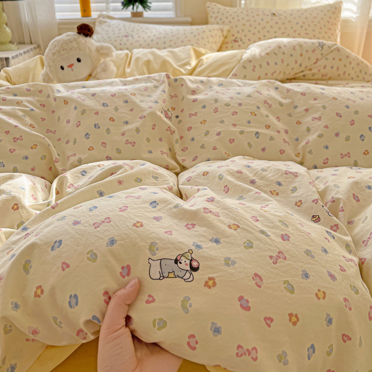 91家纺网 家纺一手货源 找家纺 温眠家纺 2026新款A类古法水洗仿棉云感棉加厚四件套 软芙小狗