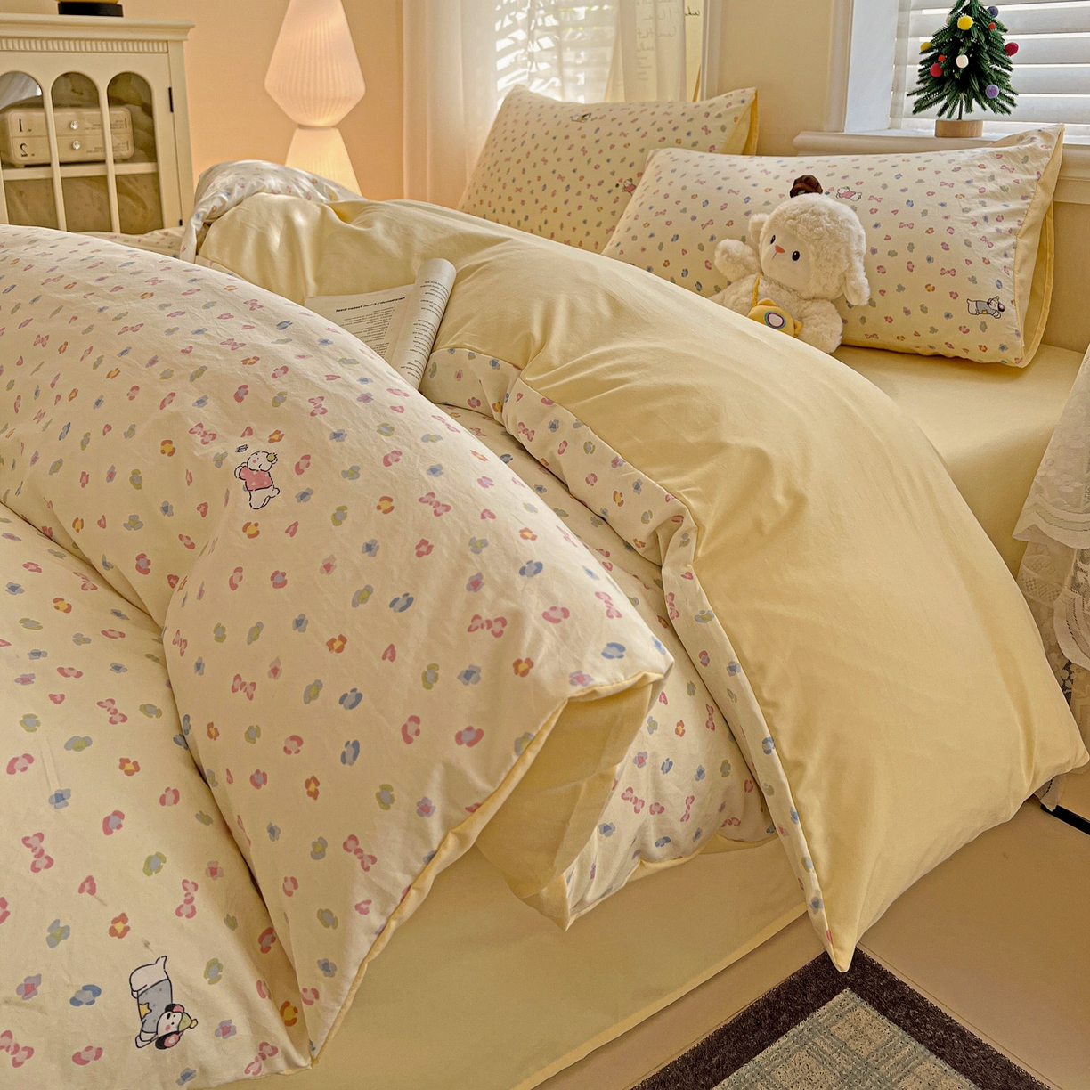 91家纺网 家纺一手货源 找家纺 温眠家纺 2026新款A类古法水洗仿棉云感棉加厚四件套 软芙小狗