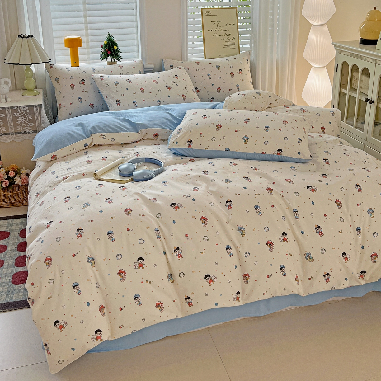 91家纺网 家纺一手货源 找家纺 温眠家纺 2026新款A类古法水洗仿棉云感棉加厚四件套 童趣甜日