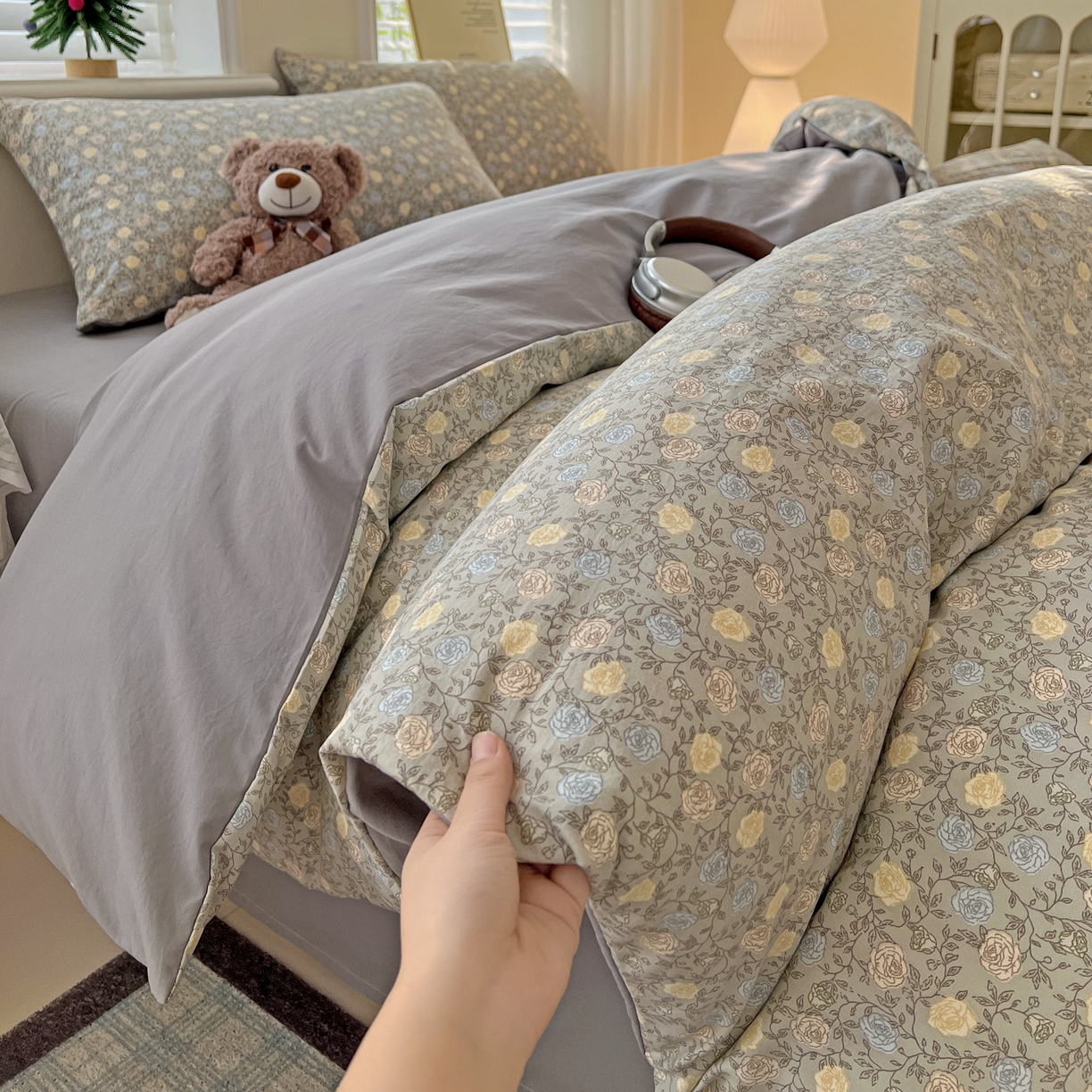 91家纺网 家纺一手货源 找家纺 温眠家纺 2026新款A类古法水洗仿棉云感棉加厚四件套 花悦梦境