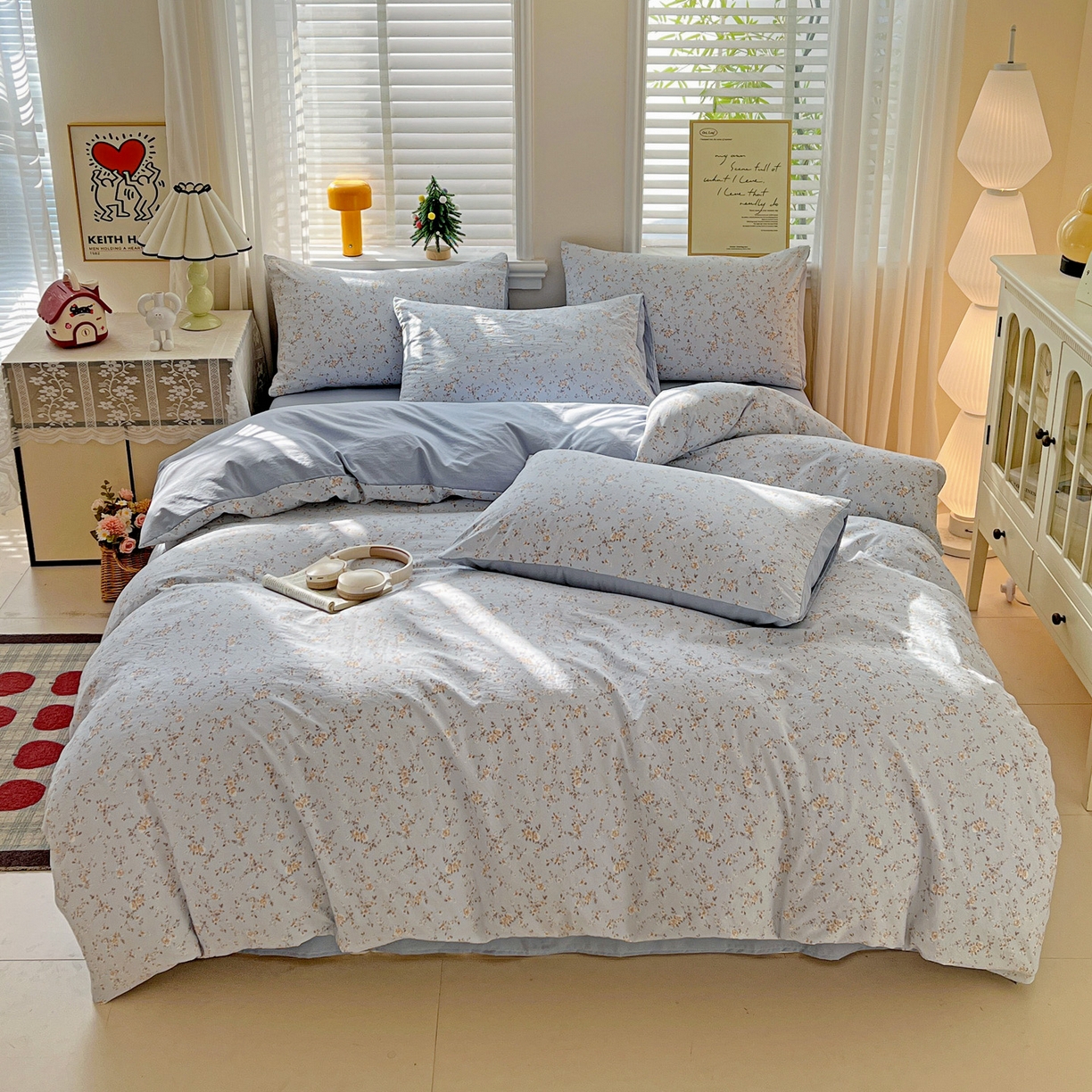 91家纺网 家纺一手货源 找家纺 温眠家纺 2026新款A类古法水洗仿棉云感棉加厚四件套 海棠碎影