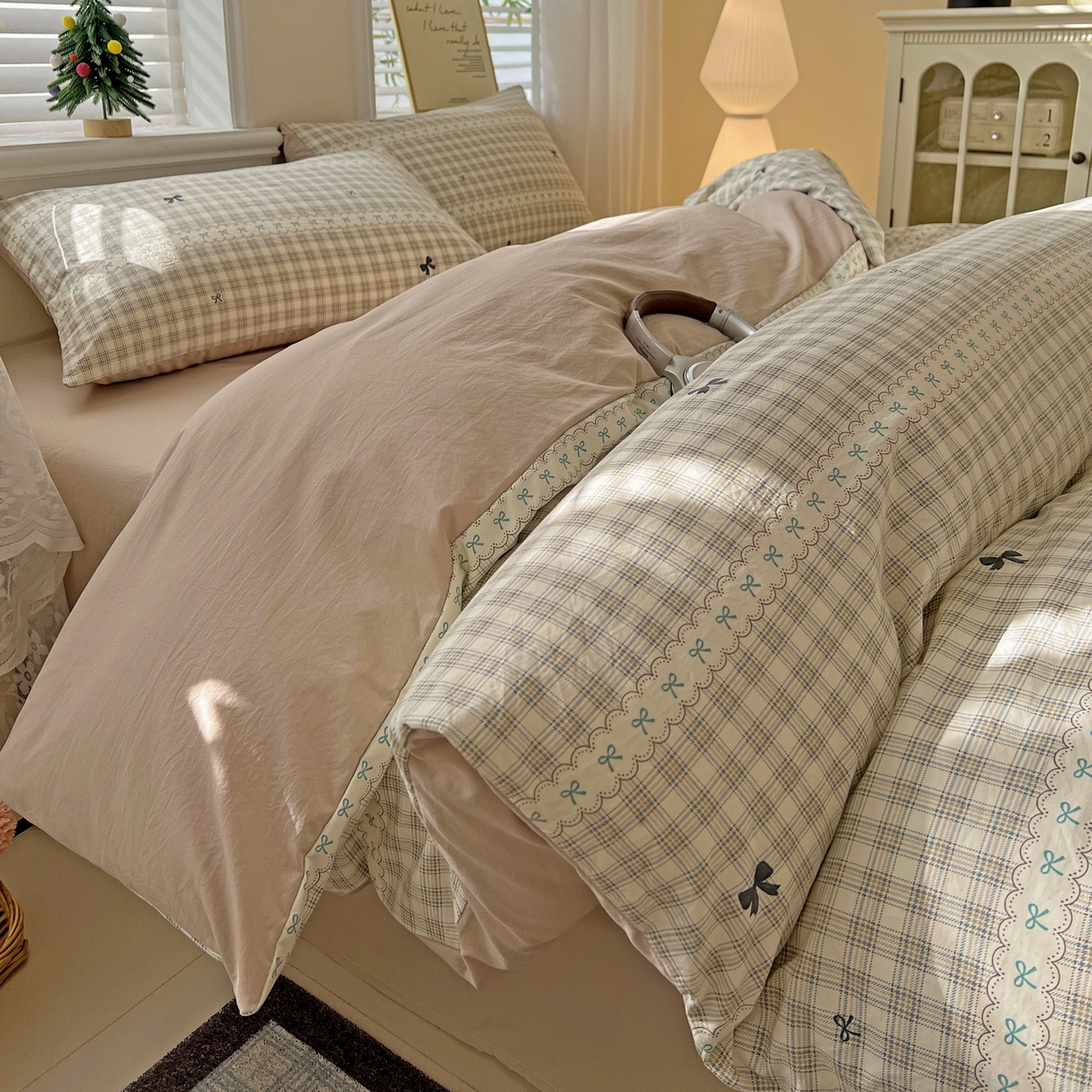 91家纺网 家纺一手货源 找家纺 温眠家纺 2026新款A类古法水洗仿棉云感棉加厚四件套 恋语织物