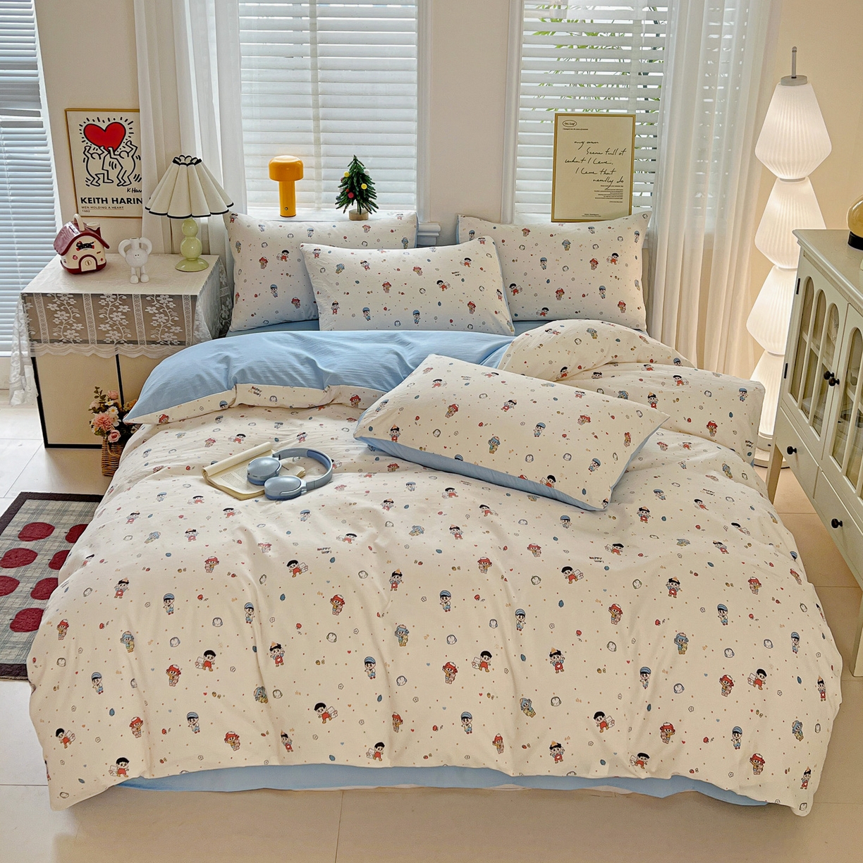 91家纺网 家纺一手货源 找家纺 温眠家纺 2026新款A类古法水洗仿棉云感棉加厚四件套 童趣甜日