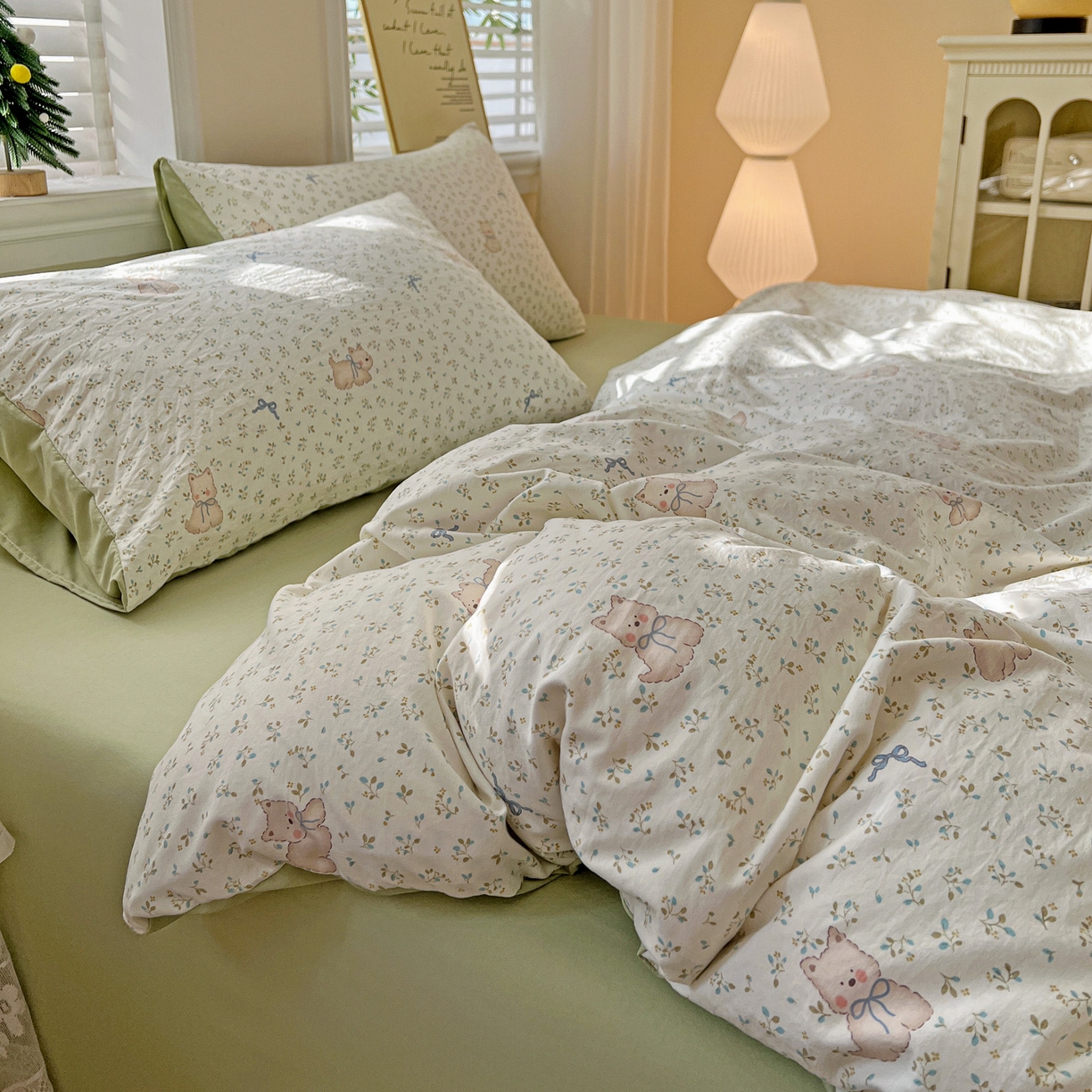 91家纺网 家纺一手货源 找家纺 温眠家纺 2026新款A类古法水洗仿棉云感棉加厚四件套 碎花小狗