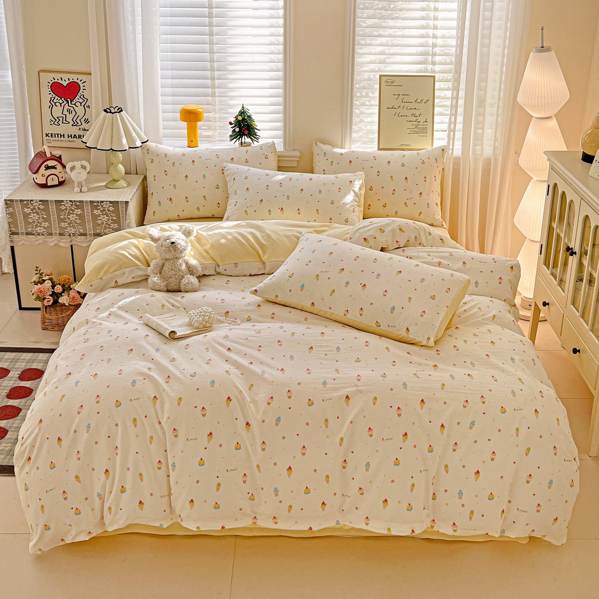 91家纺网 家纺一手货源 找家纺 温眠家纺 2026新款A类古法水洗仿棉云感棉加厚四件套 冰淇淋乐园