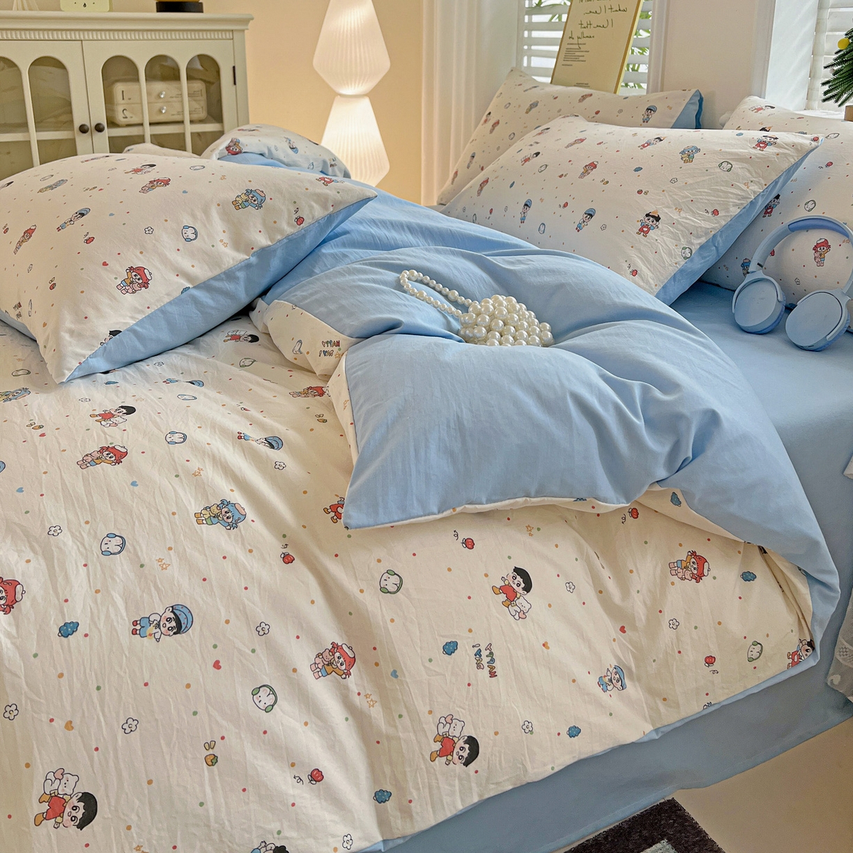 91家纺网 家纺一手货源 找家纺 温眠家纺 2026新款A类古法水洗仿棉云感棉加厚四件套 童趣甜日