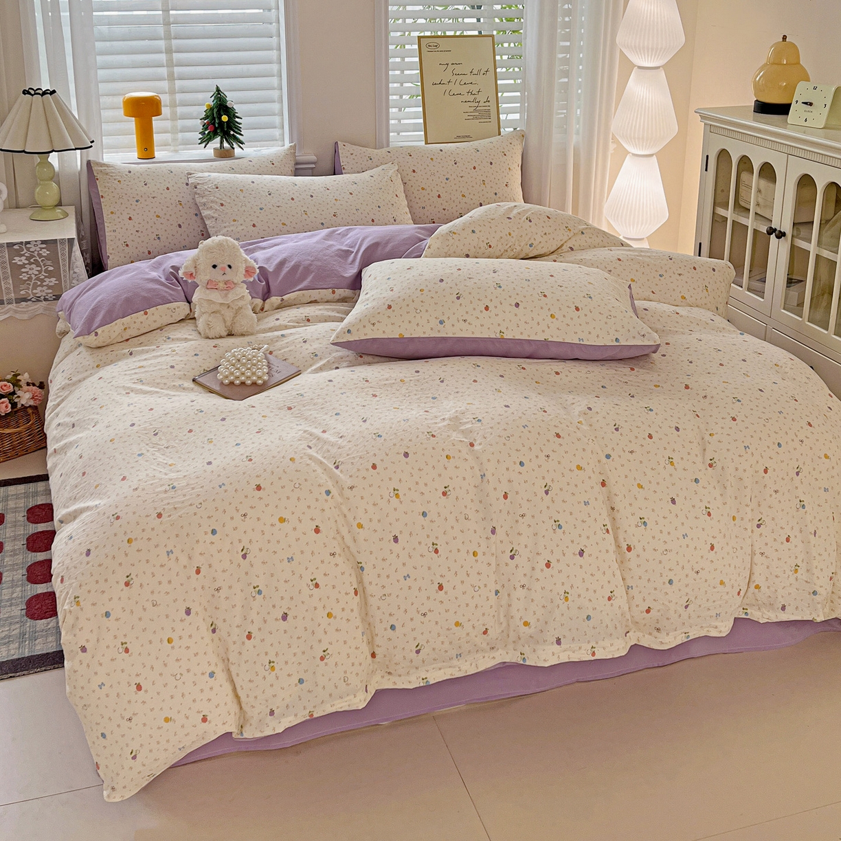 91家纺网 家纺一手货源 找家纺 温眠家纺 2026新款A类古法水洗仿棉云感棉加厚四件套 草莓密语