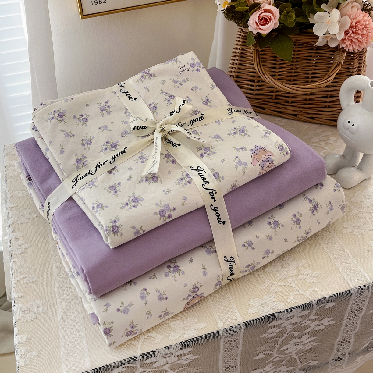 91家纺网 家纺一手货源 找家纺 温眠家纺 2026新款A类古法水洗仿棉云感棉加厚四件套 兔子小姐