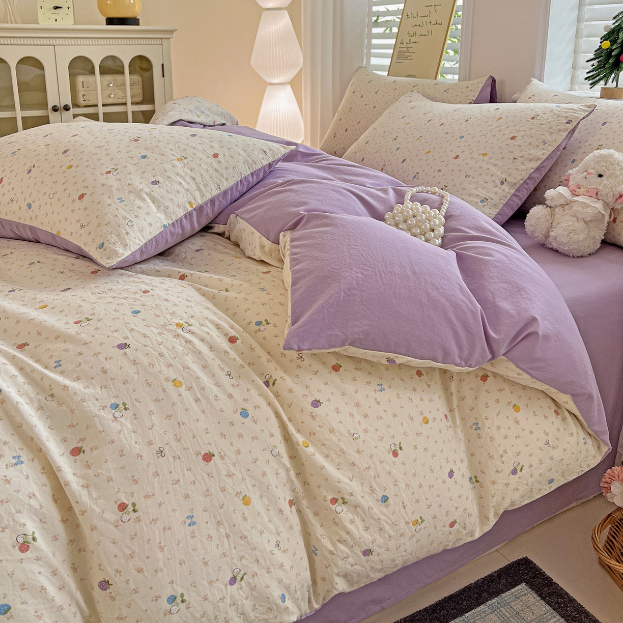 91家纺网 家纺一手货源 找家纺 温眠家纺 2026新款A类古法水洗仿棉云感棉加厚四件套 草莓密语