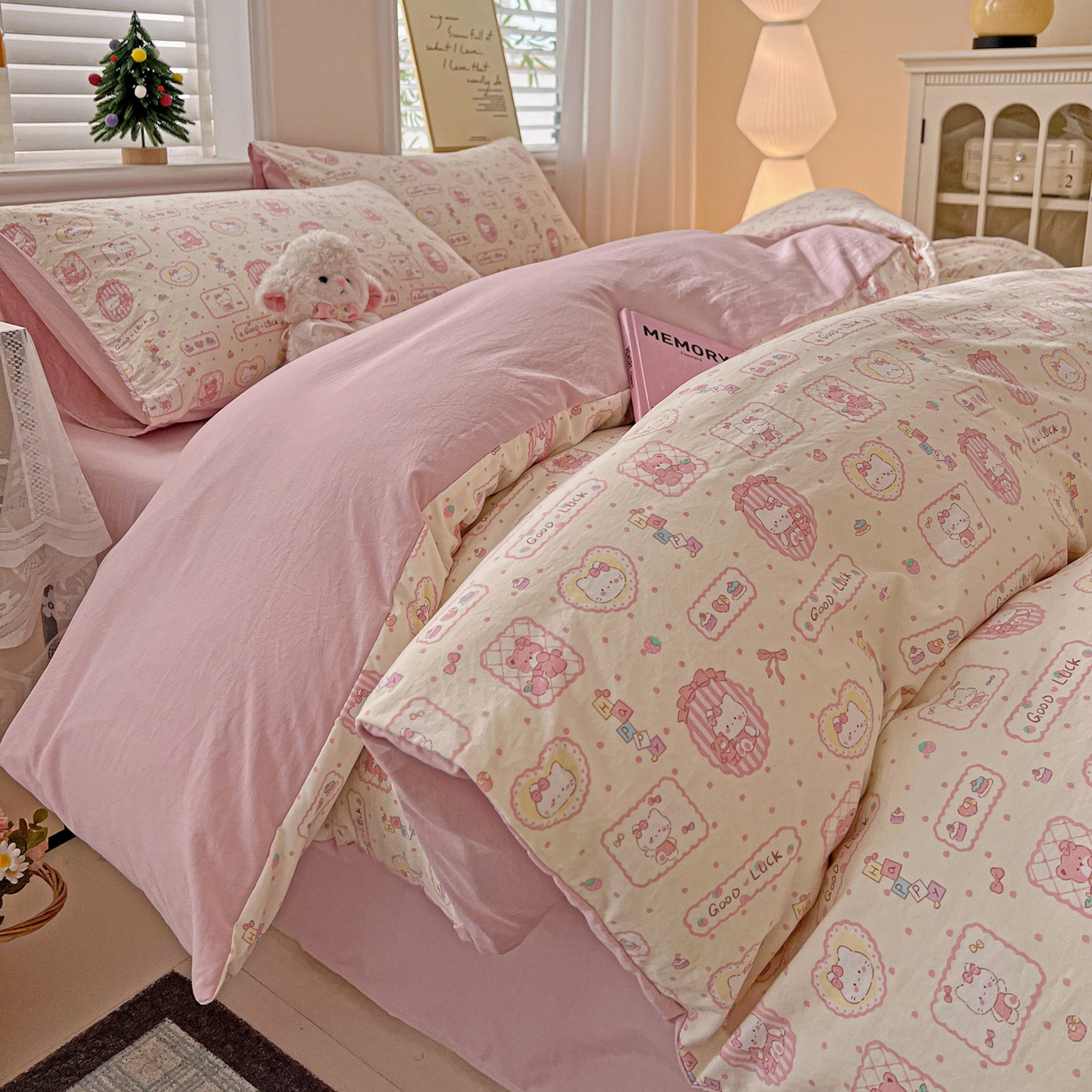 91家纺网 家纺一手货源 找家纺 温眠家纺 2026新款A类古法水洗仿棉云感棉加厚四件套 K蒂猫