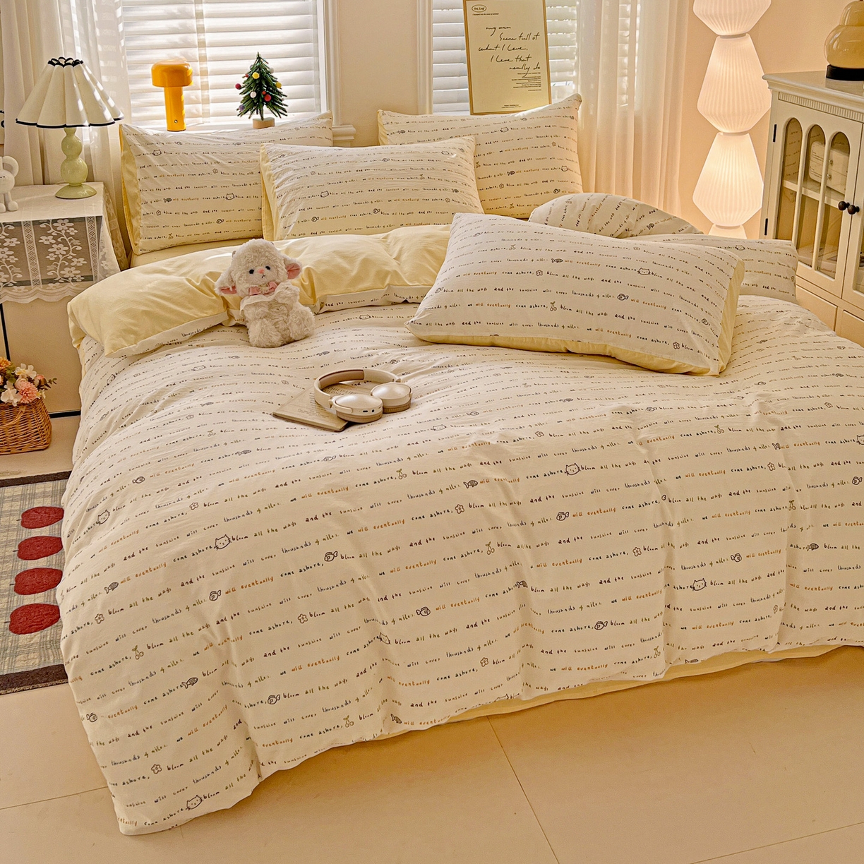 91家纺网 家纺一手货源 找家纺 温眠家纺 2026新款A类古法水洗仿棉云感棉加厚四件套 猫猫与鱼