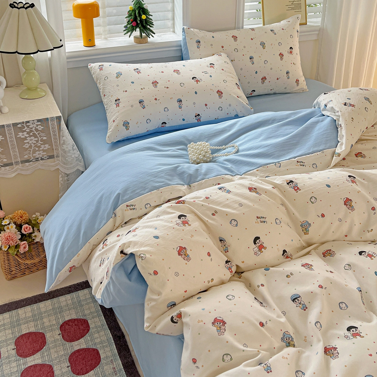 91家纺网 家纺一手货源 找家纺 温眠家纺 2026新款A类古法水洗仿棉云感棉加厚四件套 童趣甜日