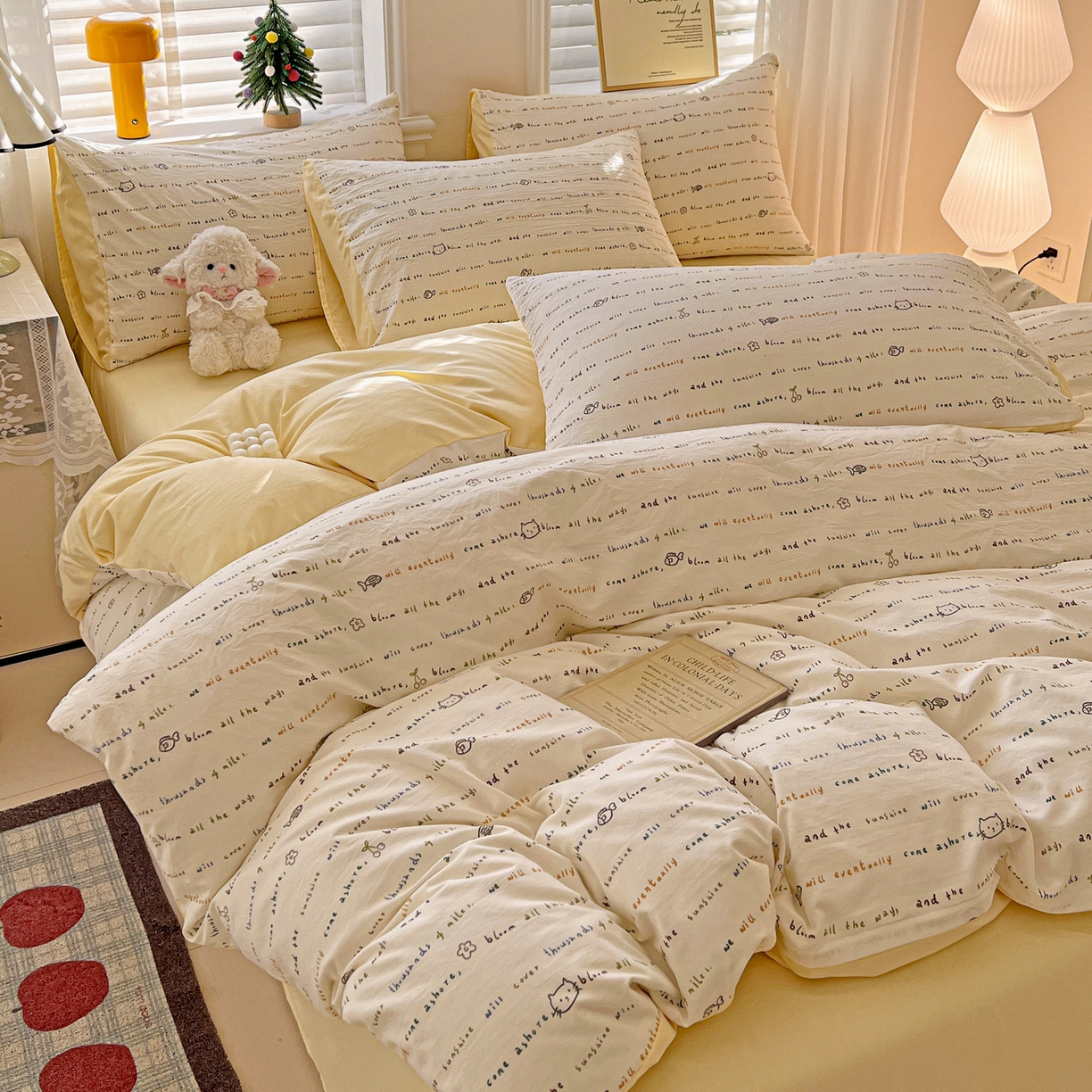 91家纺网 家纺一手货源 找家纺 温眠家纺 2026新款A类古法水洗仿棉云感棉加厚四件套 猫猫与鱼