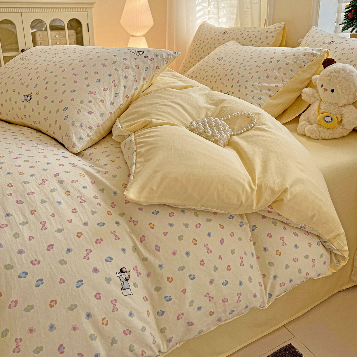 91家纺网 家纺一手货源 找家纺 温眠家纺 2026新款A类古法水洗仿棉云感棉加厚四件套 软芙小狗