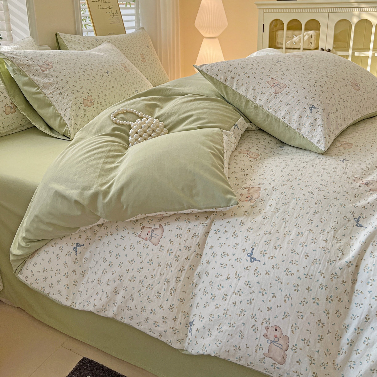 91家纺网 家纺一手货源 找家纺 温眠家纺 2026新款A类古法水洗仿棉云感棉加厚四件套 碎花小狗