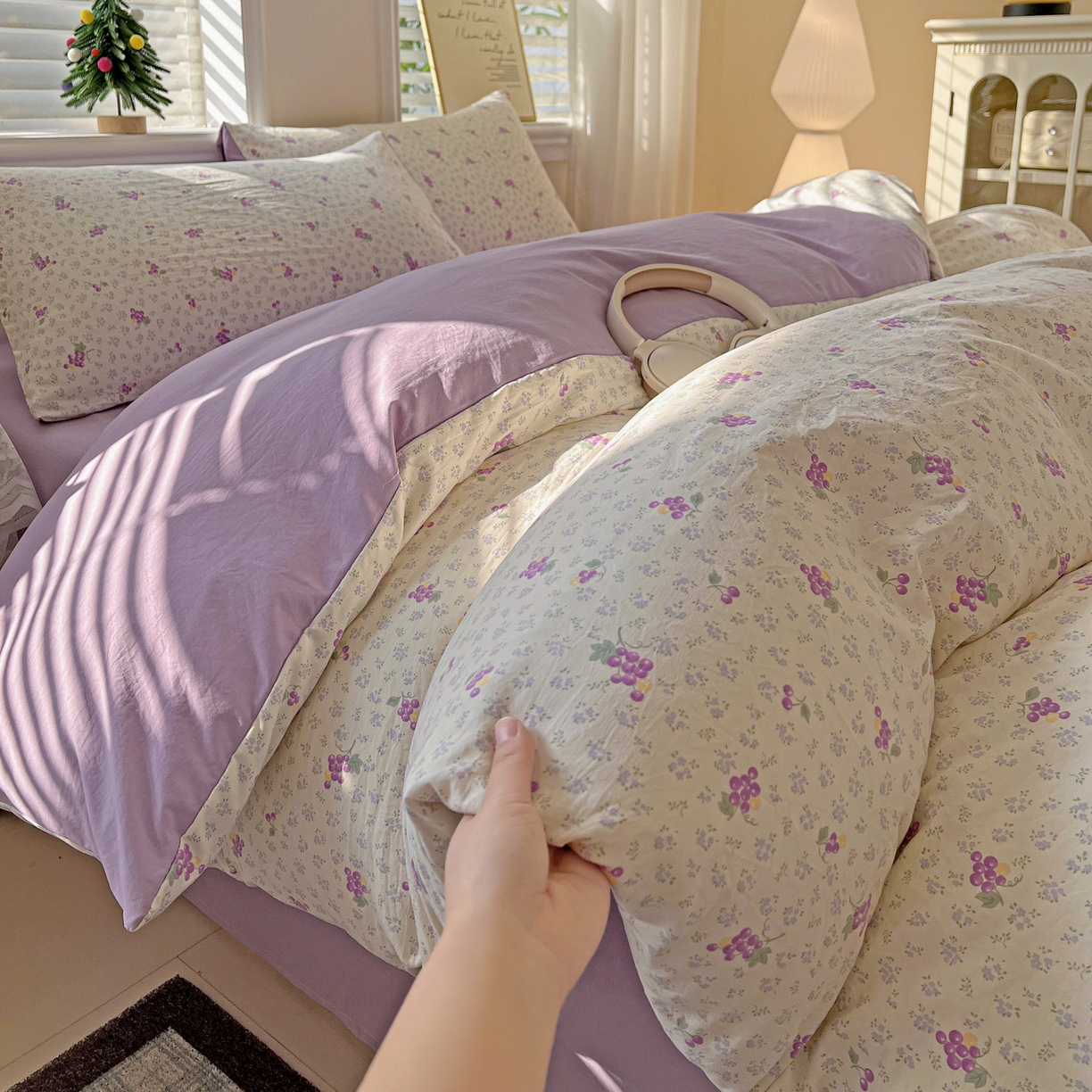 91家纺网 家纺一手货源 找家纺 温眠家纺 2026新款A类古法水洗仿棉云感棉加厚四件套 紫色葡萄