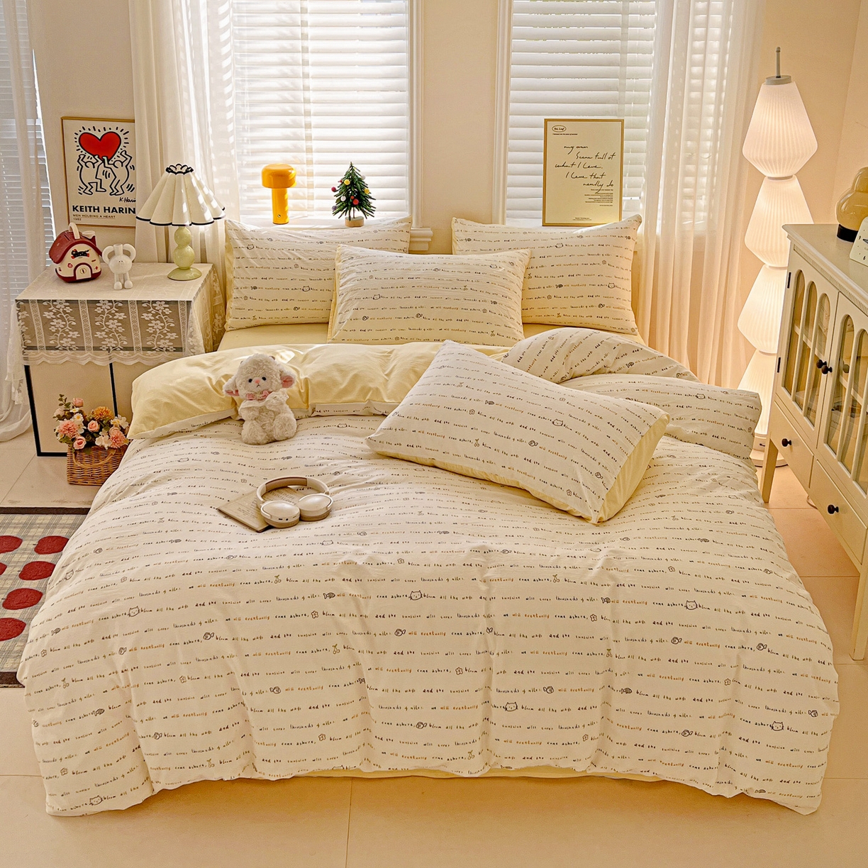 91家纺网 家纺一手货源 找家纺 温眠家纺 2026新款A类古法水洗仿棉云感棉加厚四件套 猫猫与鱼